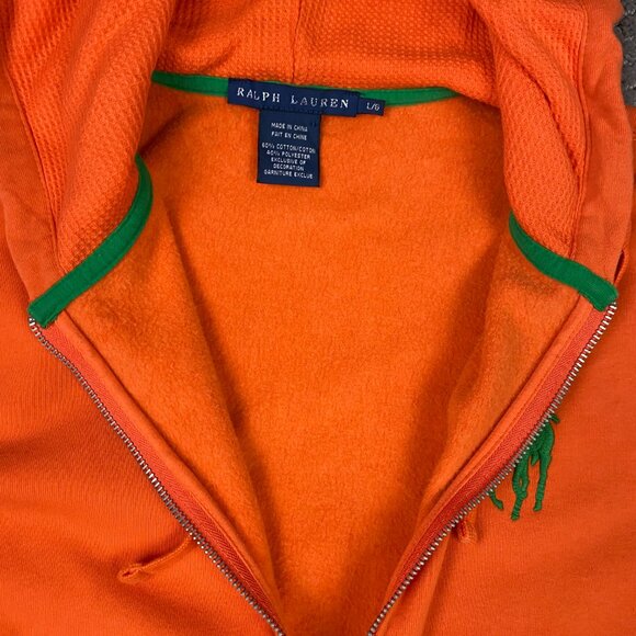 Ralph Lauren Big Pony Hoodie Women's Large Bright Orange Green Full Zip Y2K 90s - Picture 6 of 9